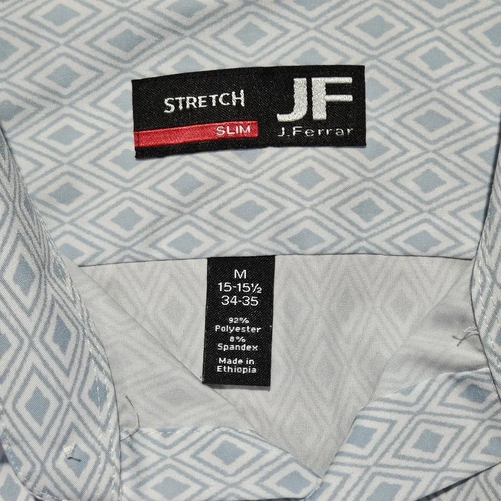 JF J. Ferrar Stretch Slim Fit Dress Shirt Mens Medium 15-15.5 Blue Geometric
